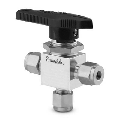 Swagelok Stainless Steel 1-Piece 40 Series 3-Way Ball Valve, 0.90 Cv, 1/4 in. Swagelok Tube Fitting